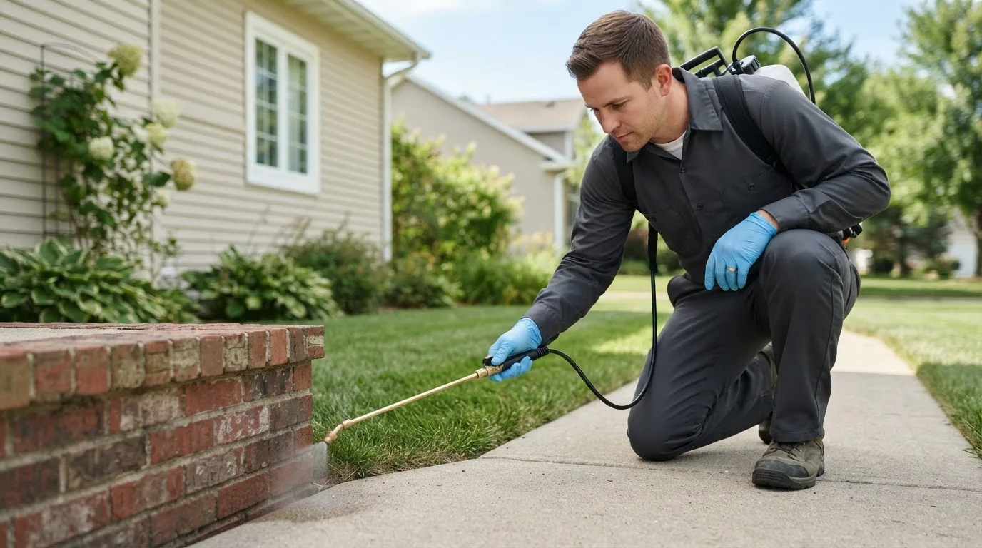 Pest control technician treating a home near Sublimity, OR